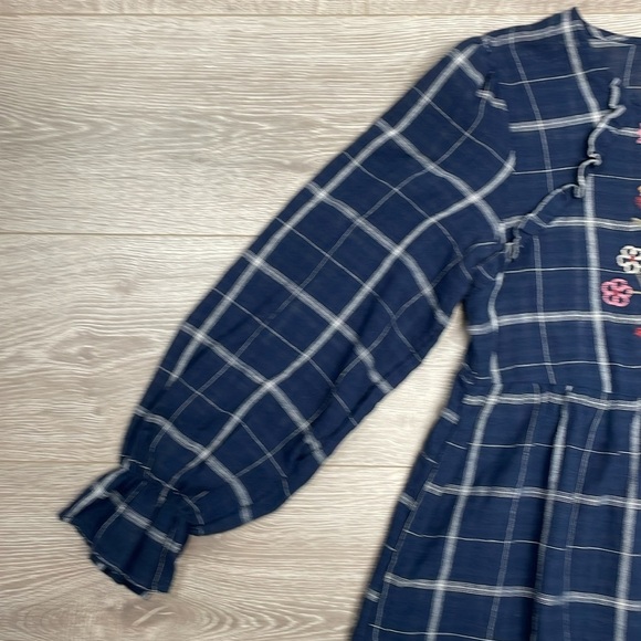 Blue Rain Navy Windowpane Embroidered Floral Long Sleeve Blouse S - Picture 4 of 16